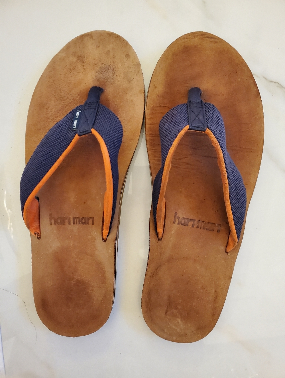 Hari Mari Leather Scouts Flip Flop Sandals Mens Size 12 Navy Orange WORN